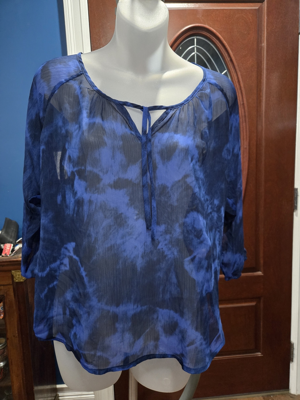 Express Blue and Black Chiffon Tie-Neck Blouse, Like New, Small